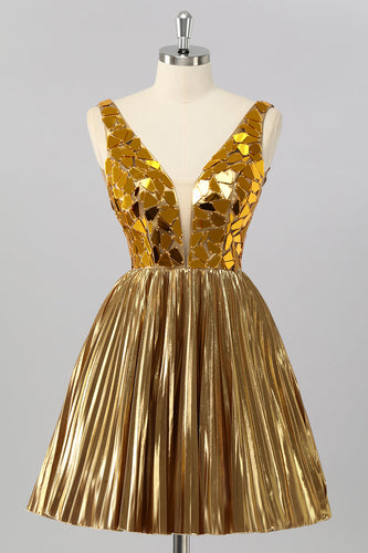 Glitzer Golden Mirror A Linie Kurze Ball Kleid