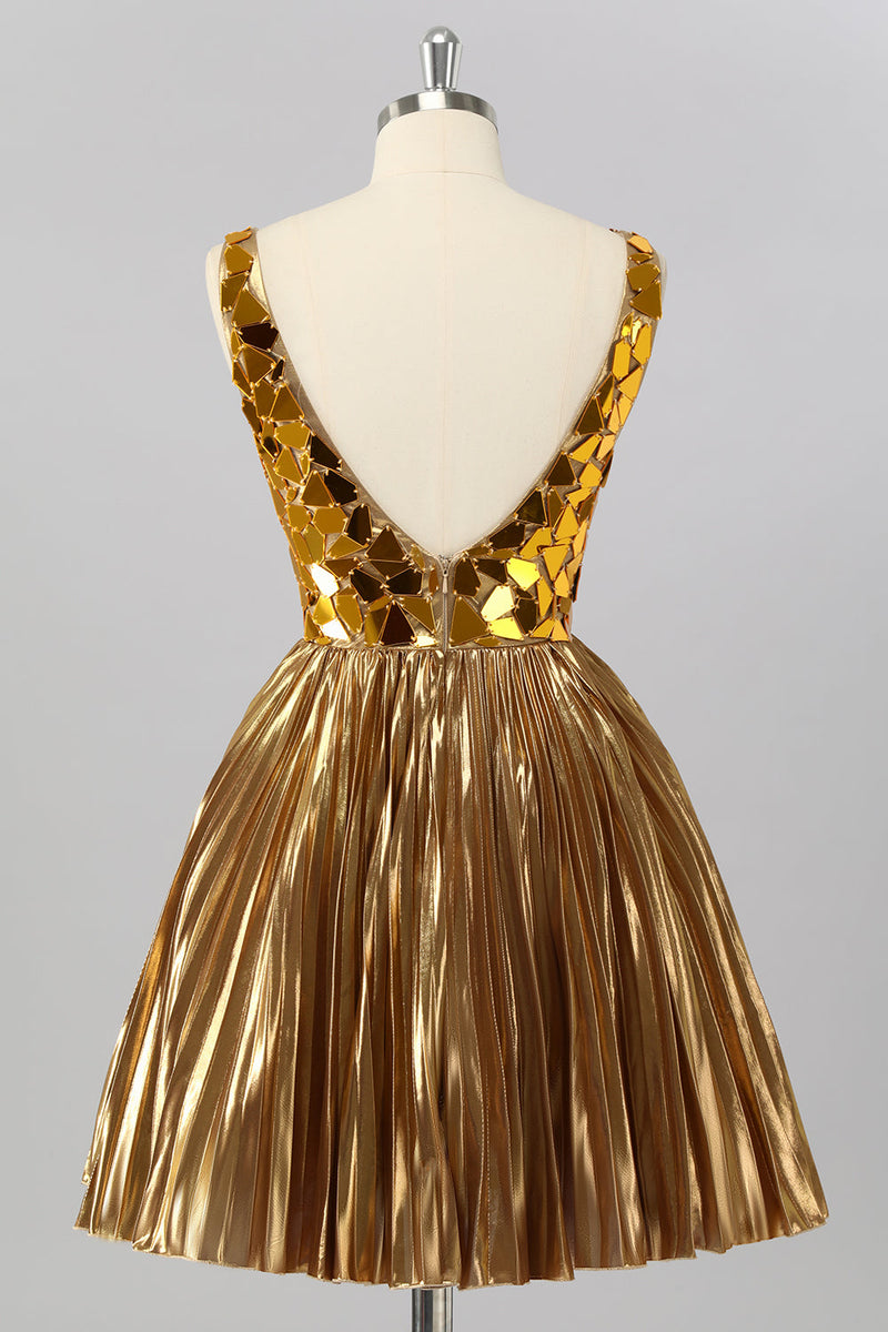 Laden Sie das Bild in den Galerie-Viewer, Glitzer Königsblau Mirror A Linie Metallic Kurze Ball Kleid
