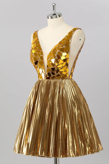 Glitzer Königsblau Mirror A Linie Metallic Kurze Ball Kleid