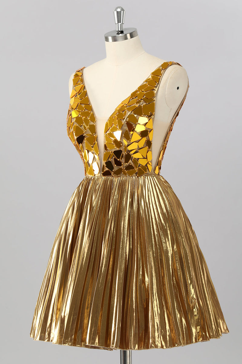 Laden Sie das Bild in den Galerie-Viewer, Glitzer Königsblau Mirror A Linie Metallic Kurze Ball Kleid