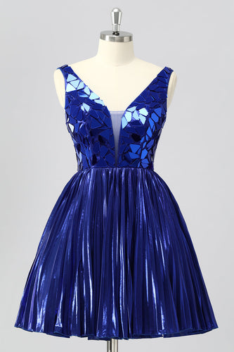 Glitzer Königsblau Mirror A Linie Metallic Kurze Ball Kleid