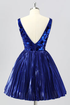 Glitzer Königsblau Mirror A Linie Metallic Kurze Ball Kleid