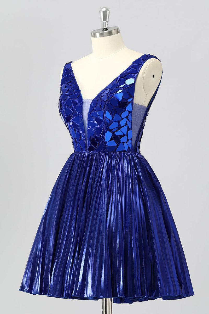 Laden Sie das Bild in den Galerie-Viewer, Glitzer Königsblau Mirror A Linie Metallic Kurze Ball Kleid