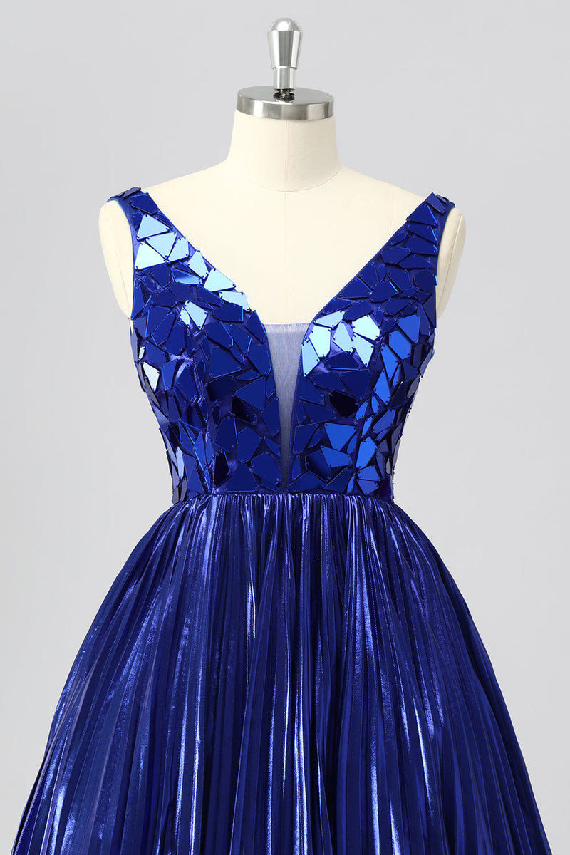 Laden Sie das Bild in den Galerie-Viewer, Glitzer Königsblau Mirror A Linie Metallic Kurze Ball Kleid