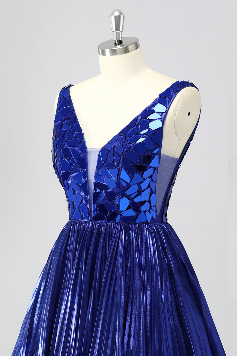 Laden Sie das Bild in den Galerie-Viewer, Glitzer Königsblau Mirror A Linie Metallic Kurze Ball Kleid