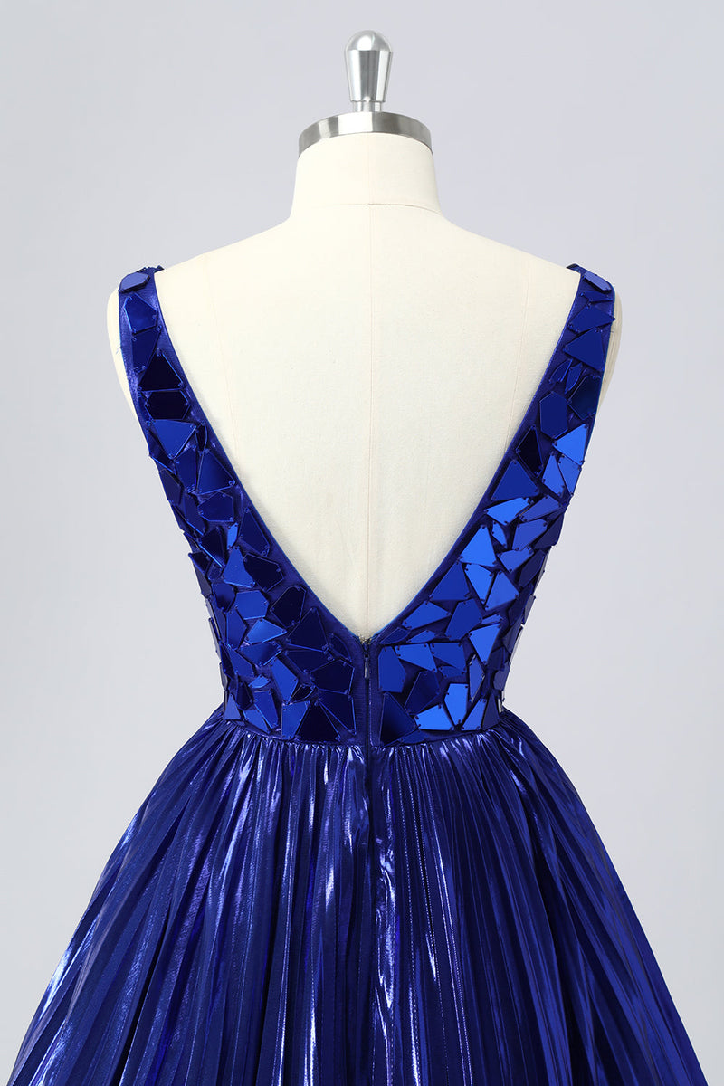 Laden Sie das Bild in den Galerie-Viewer, Glitzer Königsblau Mirror A Linie Metallic Kurze Ball Kleid