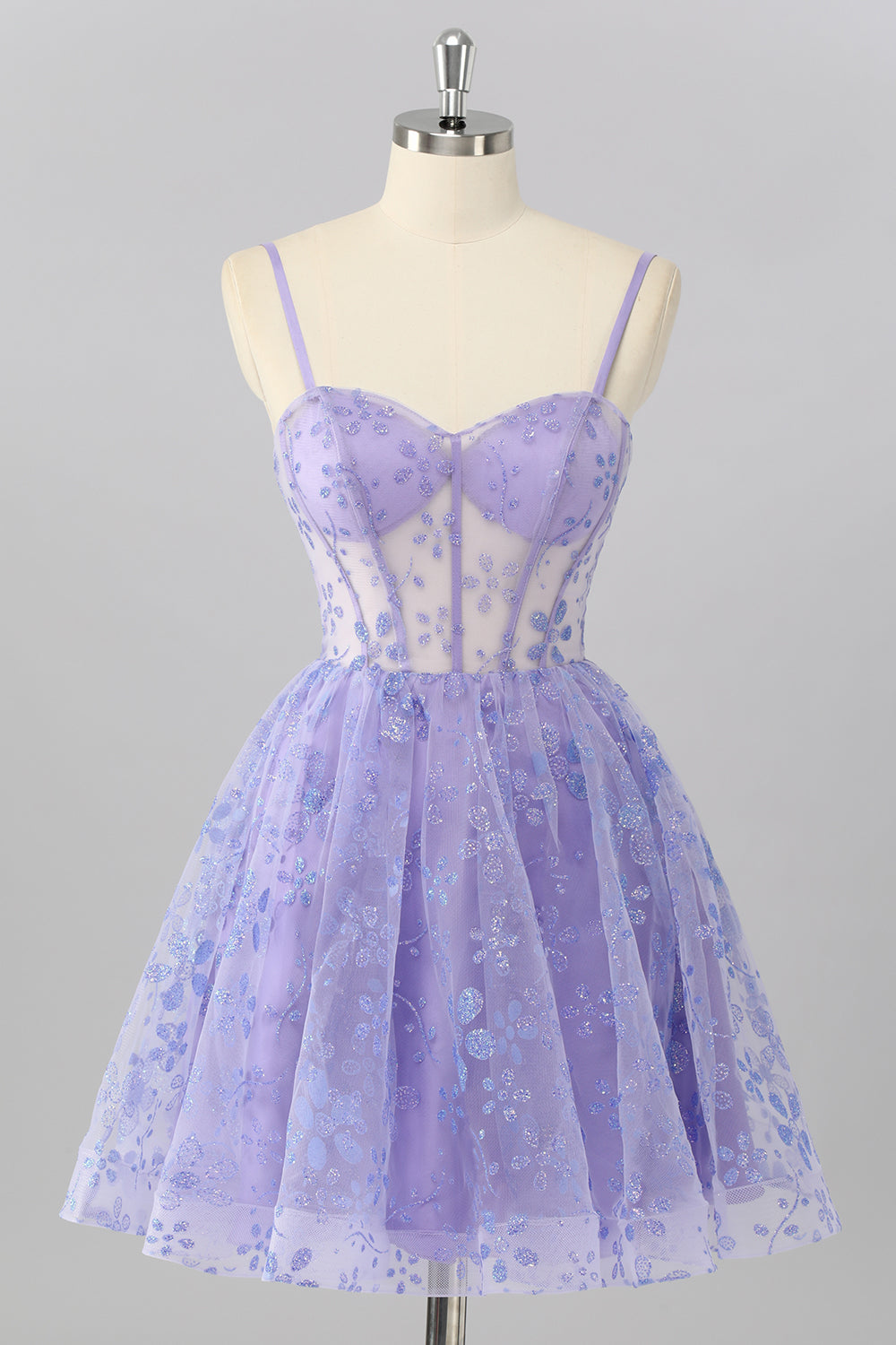 Glitzer Lilac A Linie Blumen Kurze Korsett Ball Kleid