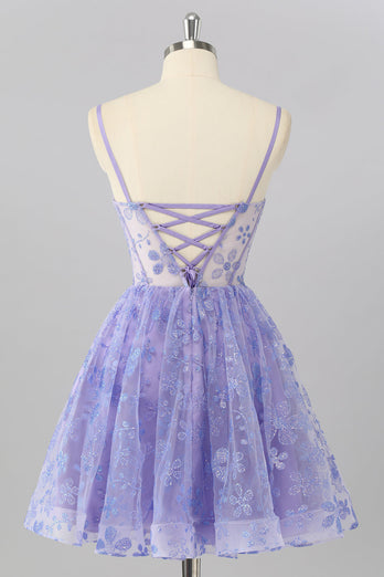 Glitzer Lilac A Linie Blumen Kurze Korsett Ball Kleid