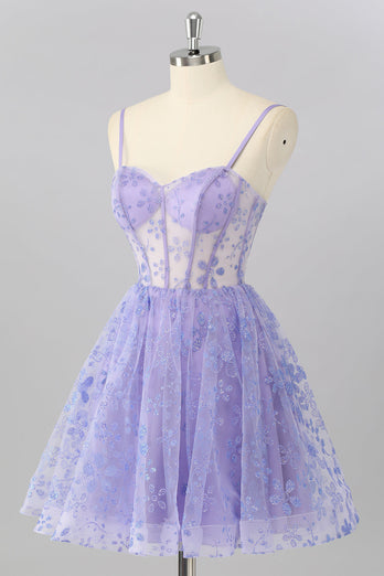 Glitzer Lilac A Linie Blumen Kurze Korsett Ball Kleid