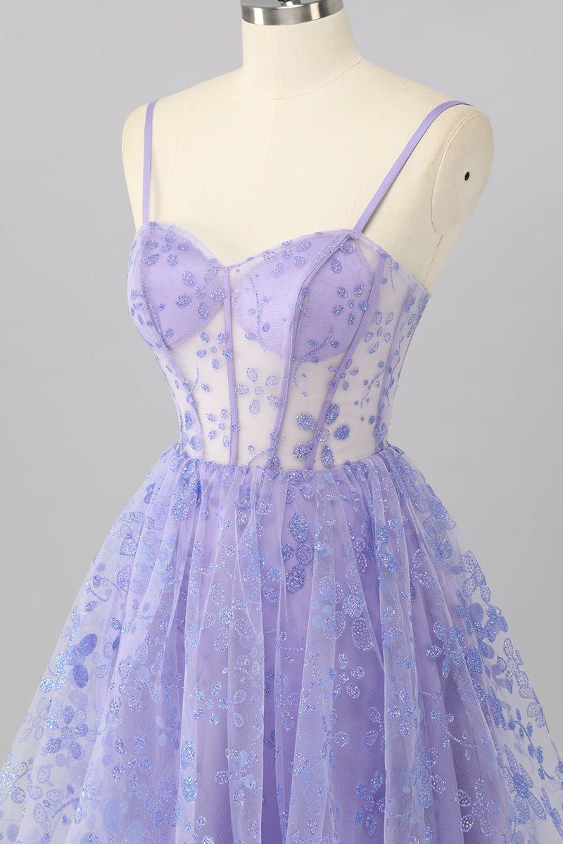 Laden Sie das Bild in den Galerie-Viewer, Glitzer Lilac A Linie Blumen Kurze Korsett Ball Kleid