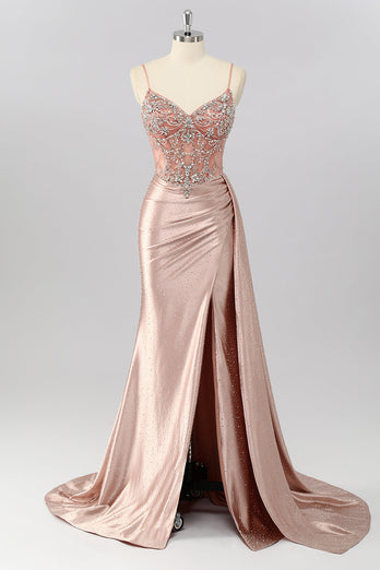 Glitzer Rosa Perlen Meerjungfrau Korsett Lange Ball Kleid mit Schlitz