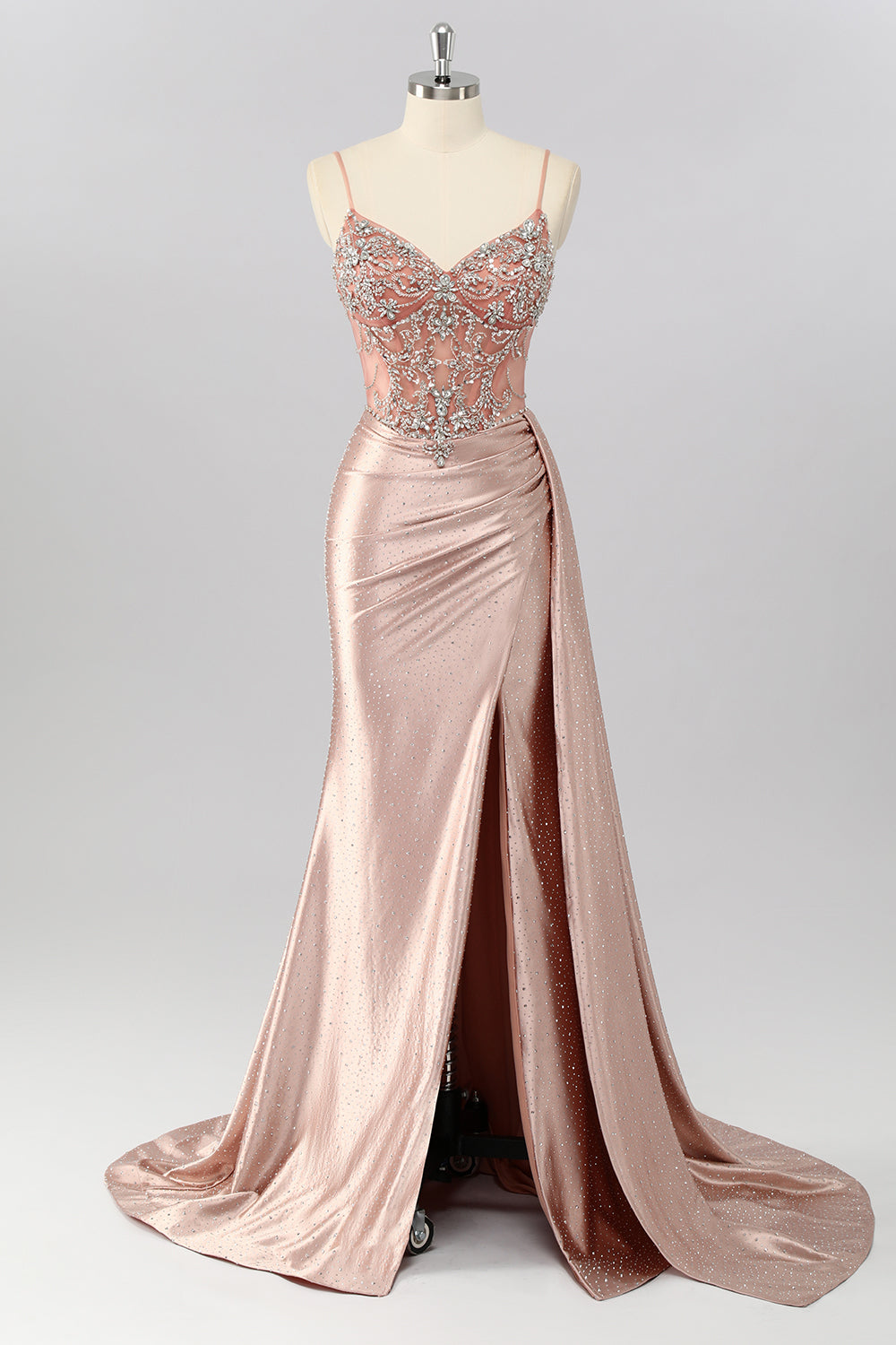 Glitzer Rosa Perlen Meerjungfrau Korsett Lange Ball Kleid mit Schlitz