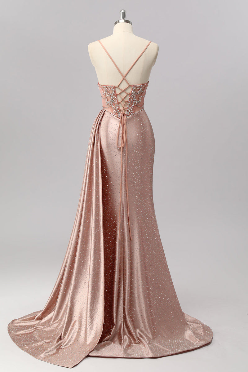 Laden Sie das Bild in den Galerie-Viewer, Glitzer Rosa Perlen Meerjungfrau Korsett Lange Ball Kleid mit Schlitz