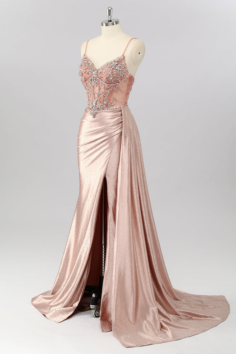 Laden Sie das Bild in den Galerie-Viewer, Glitzer Rosa Perlen Meerjungfrau Korsett Lange Ball Kleid mit Schlitz