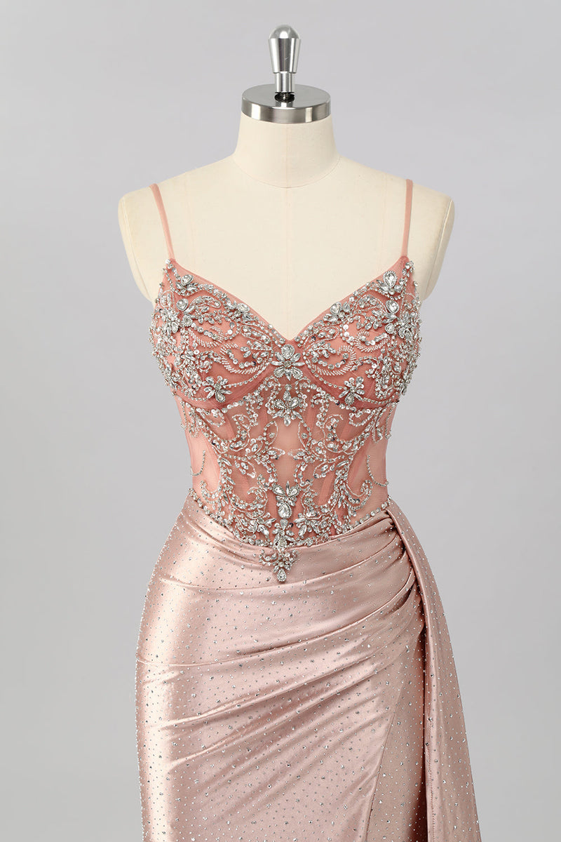 Laden Sie das Bild in den Galerie-Viewer, Glitzer Rosa Perlen Meerjungfrau Korsett Lange Ball Kleid mit Schlitz
