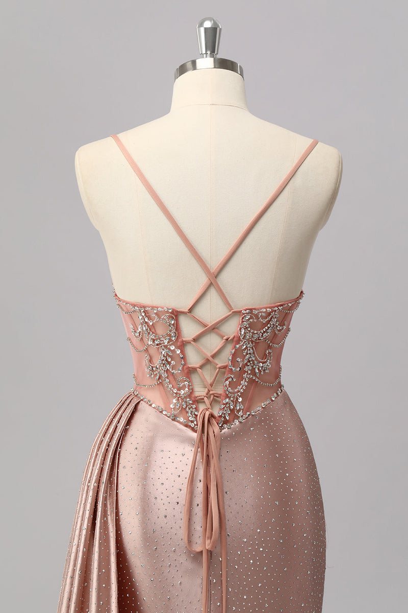 Laden Sie das Bild in den Galerie-Viewer, Glitzer Rosa Perlen Meerjungfrau Korsett Lange Ball Kleid mit Schlitz