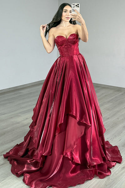 Burgunderrot Korsett A Linie Lange Ballkleid mit Rüschen