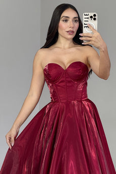 Burgunderrot Korsett A Linie Lange Ballkleid mit Rüschen