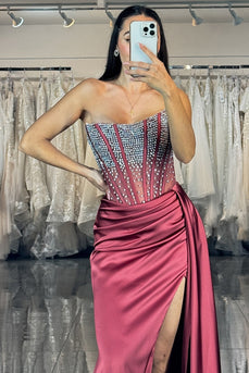 Glitzer Burgunderrot Satin Perlen Trägerlos Meerjungfrau Lange Ballkleid mit Schlitz