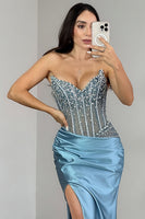 Laden Sie das Bild in den Galerie-Viewer, Glitzer Blau Satin Perlen Meerjungfrau Korsett Lange Ballkleid mit Strasssteine
