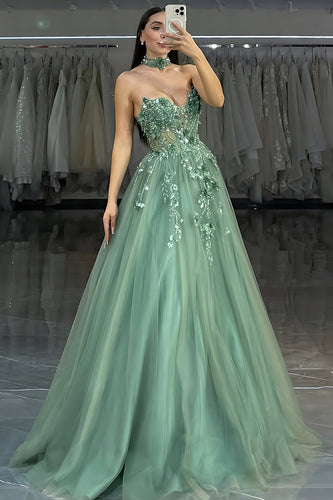 Women Sparkly Floral Green Long Corset Prom Dress with Lace A Line Sweetheart Beaded Formal Dress with Appliques