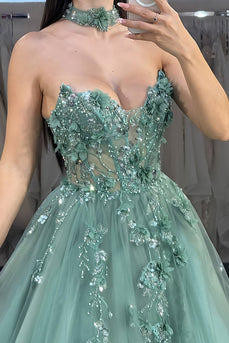 Glitzer Grün Herz-Ausschnitt Blumen A-Line Perlen Lange Korsett Ballkleid