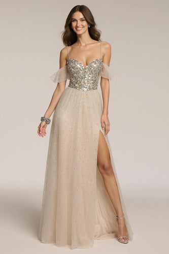 Glitzer Champagner Spaghettiträger Pailletten A-Linie Lange Formelle Kleid mit Schlitz