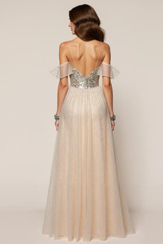 Glitzer Champagner Spaghettiträger Pailletten A-Linie Lange Formelle Kleid mit Schlitz