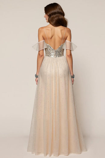 Glitzer Champagner Spaghettiträger Pailletten A-Linie Lange Formelle Kleid mit Schlitz