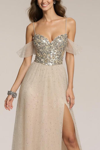 Glitzer Champagner Spaghettiträger Pailletten A-Linie Lange Formelle Kleid mit Schlitz
