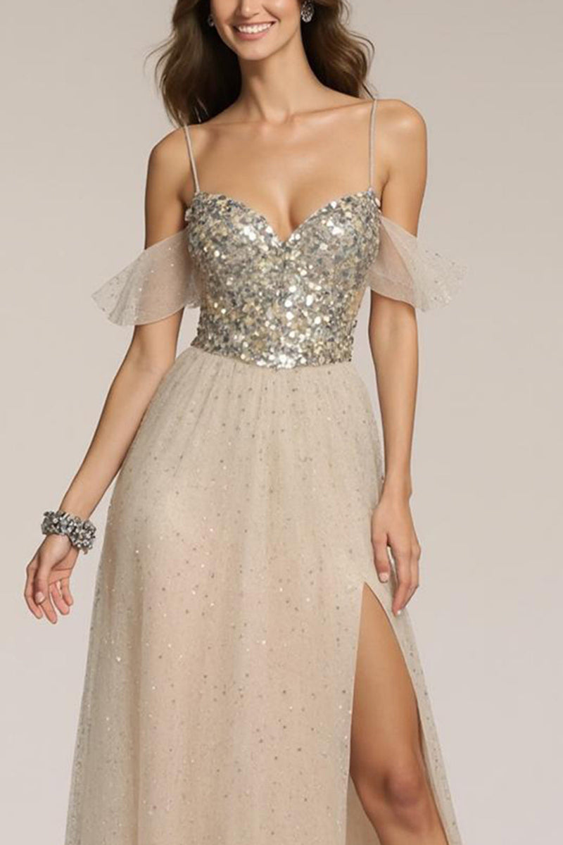 Laden Sie das Bild in den Galerie-Viewer, Glitzer Champagner Spaghettiträger Pailletten A-Linie Lange Formelle Kleid mit Schlitz