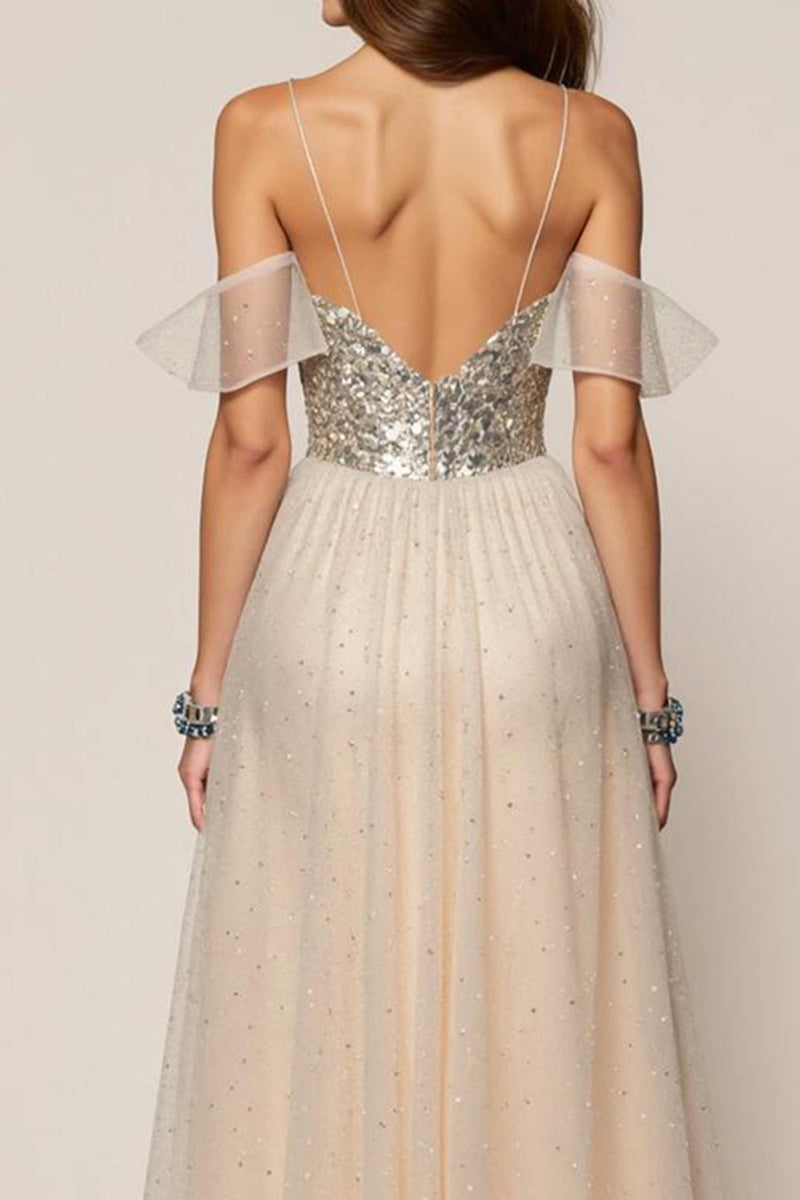 Laden Sie das Bild in den Galerie-Viewer, Glitzer Champagner Spaghettiträger Pailletten A-Linie Lange Formelle Kleid mit Schlitz
