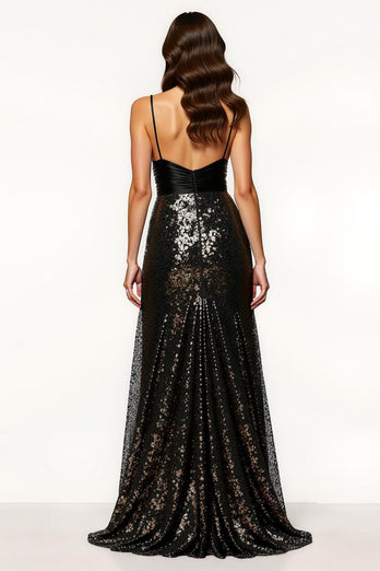 Glitzer Schwarz Spaghettiträger Pailletten Meerjungfrau Lange Formelle Kleid