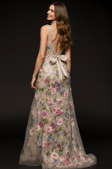 Glitzer Champagner Blumen V-Ausschnitt Meerjungfrau Lange Formelle Kleid mit Perlen