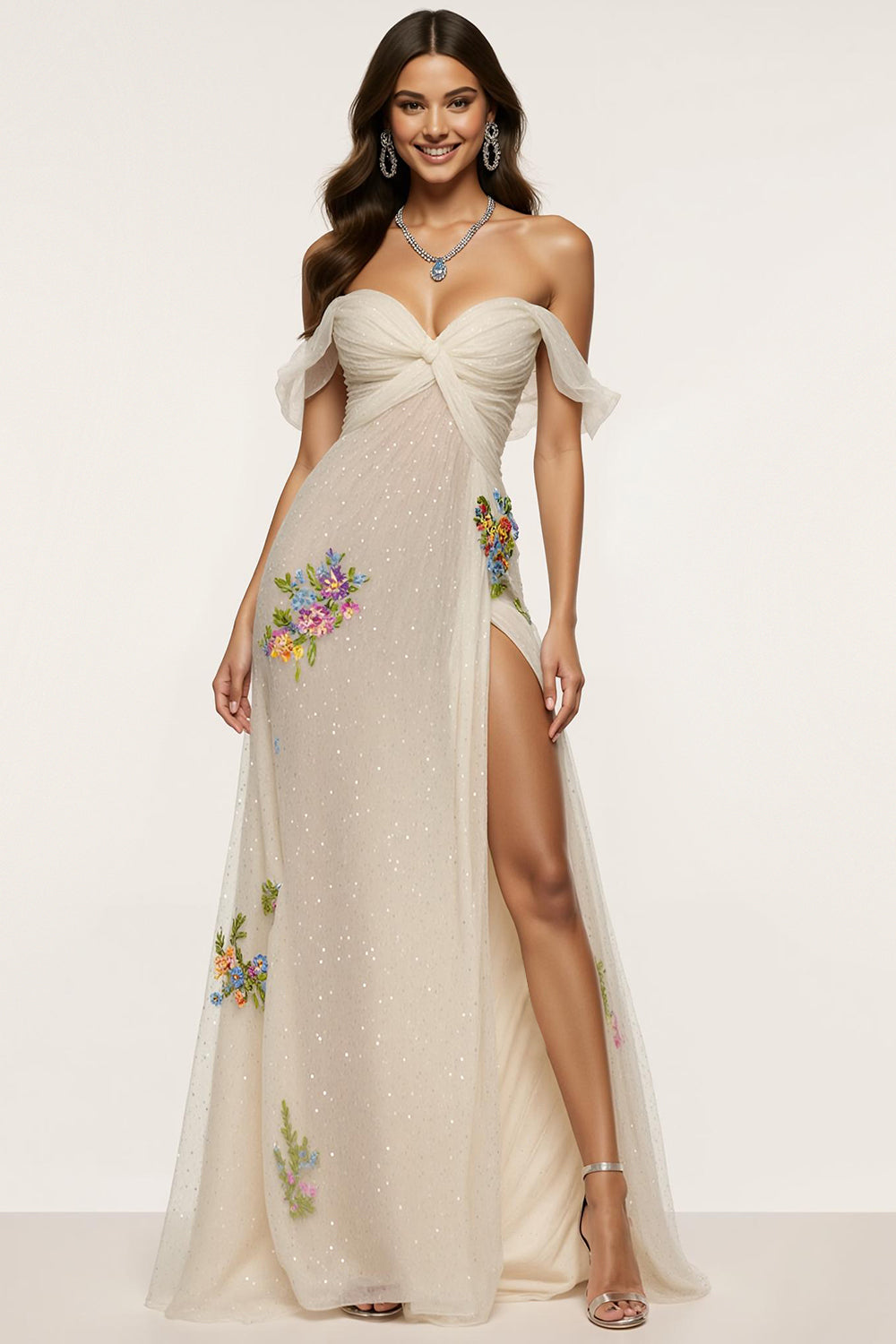 Glitzer Elfenbein Blumen Schulterfreie Meerjungfrau Lange Formelle Kleid mit Schlitz