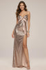 Laden Sie das Bild in den Galerie-Viewer, Glitzer Rose Golden Pailletten Spaghettiträger Meerjungfrau Lange Formelle Kleid mit Schlitz