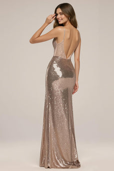 Glitzer Rose Golden Pailletten Spaghettiträger Meerjungfrau Lange Formelle Kleid mit Schlitz