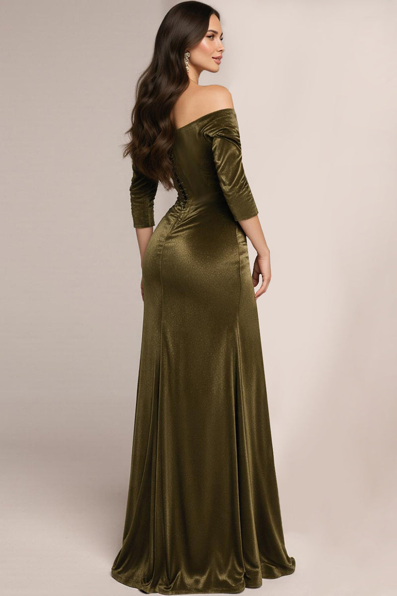 Laden Sie das Bild in den Galerie-Viewer, Grün Schulterfreie Samt Korsett Lange Formelle Kleid mit Ärmel