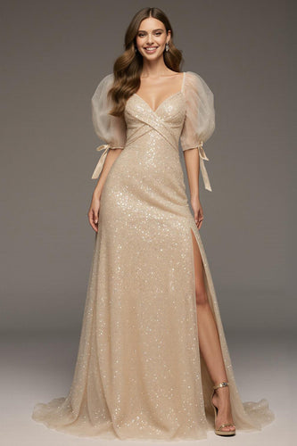 Glitzer Champagner Pailletten Puff Ärmel Meerjungfrau Lange Formelle Kleid mit Schlitz