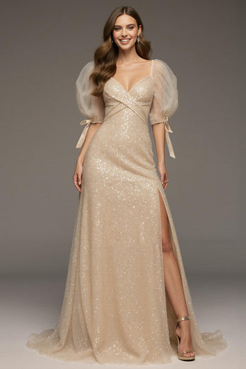 Glitzer Champagner Pailletten Puff Ärmel Meerjungfrau Lange Formelle Kleid mit Schlitz