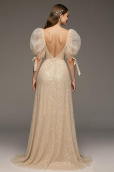 Glitzer Champagner Pailletten Puff Ärmel Meerjungfrau Lange Formelle Kleid mit Schlitz