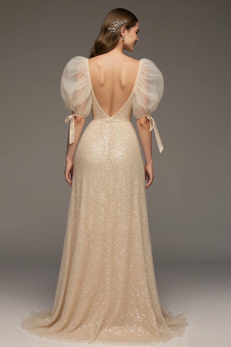 Laden Sie das Bild in den Galerie-Viewer, Glitzer Champagner Pailletten Puff Ärmel Meerjungfrau Lange Formelle Kleid mit Schlitz