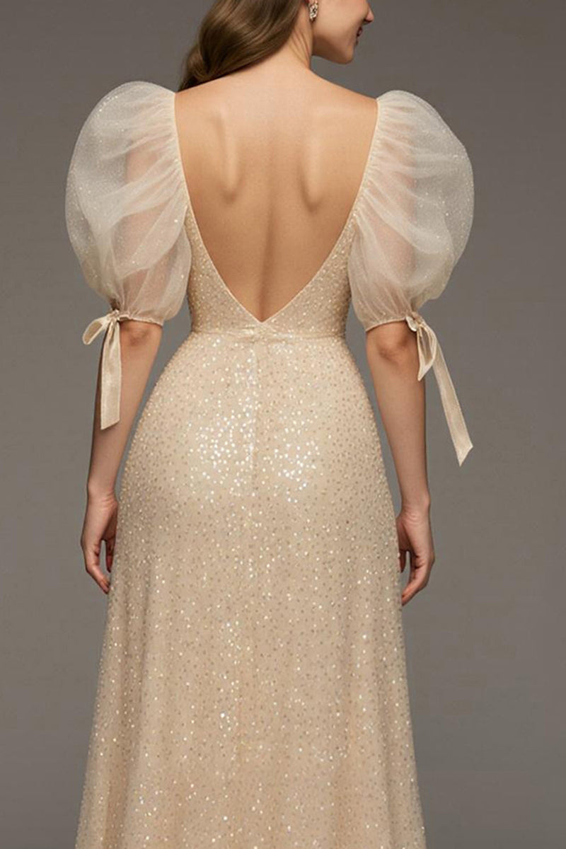 Laden Sie das Bild in den Galerie-Viewer, Glitzer Champagner Pailletten Puff Ärmel Meerjungfrau Lange Formelle Kleid mit Schlitz