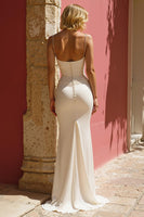 Laden Sie das Bild in den Galerie-Viewer, Meerjungfrau Elfenbein Spaghettiträger Gerafftes Langes Brautkleid mit Schlitz