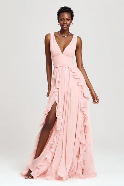 Rosa Chiffon V-Ausschnitt A-Linie Lange Formelle Kleid mit Rüschen