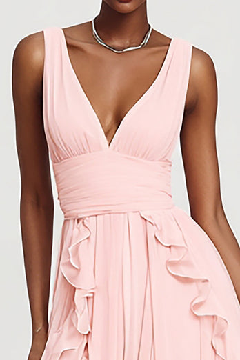 Rosa Chiffon V-Ausschnitt A-Linie Lange Formelle Kleid mit Rüschen