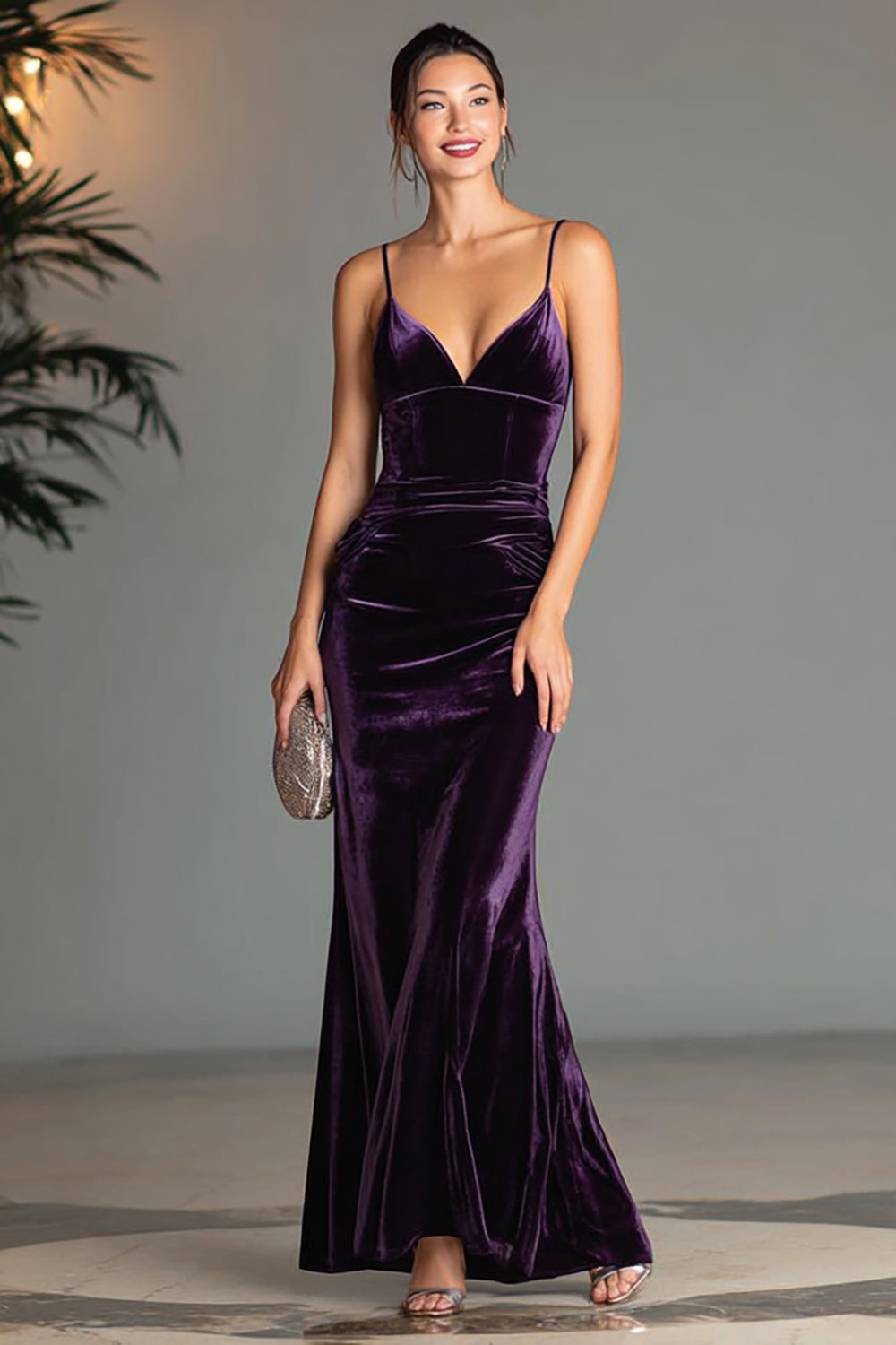 Lila Meerjungfrau Spaghettiträger Samt Lange Festliches Partykleid