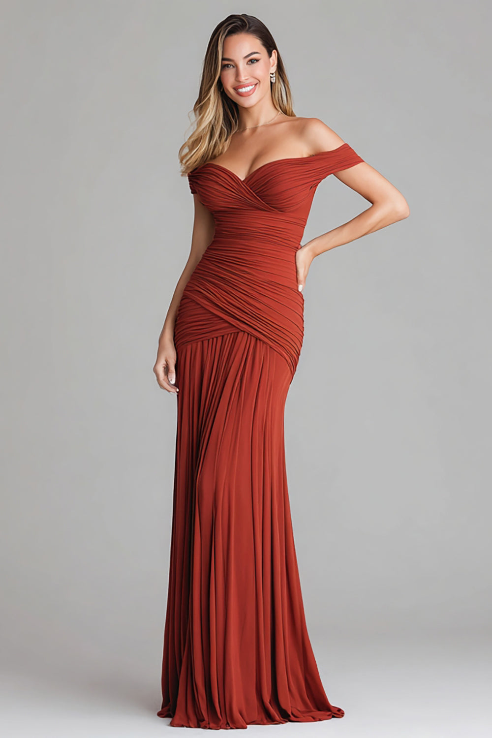 Terracotta Geraffte Schulterfreie Meerjungfrau Lange Formelle Kleid