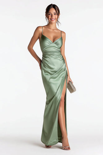Salbeigrün Satin Spaghettiträger Meerjungfrau Lange Formelle Kleid mit Schlitz