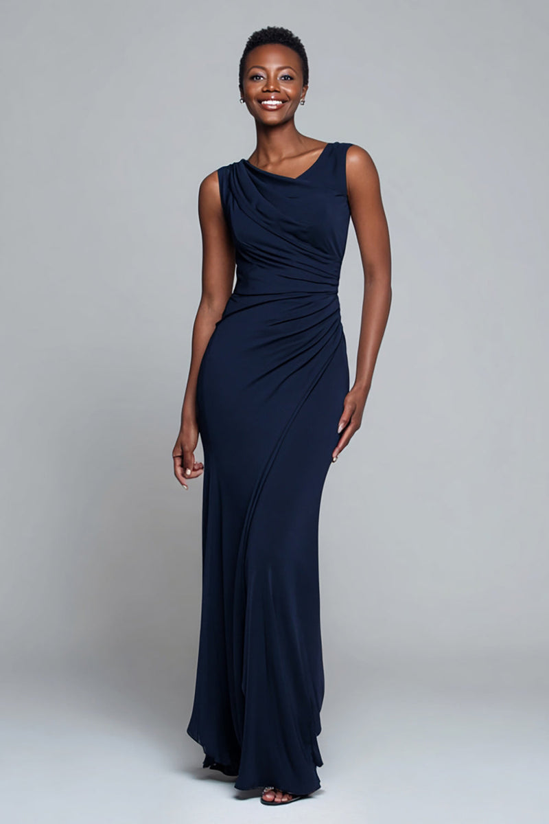 Laden Sie das Bild in den Galerie-Viewer, Einfaches Marineblau V-Ausschnitt Meerjungfrau Geraffte Lange Formelle Kleid